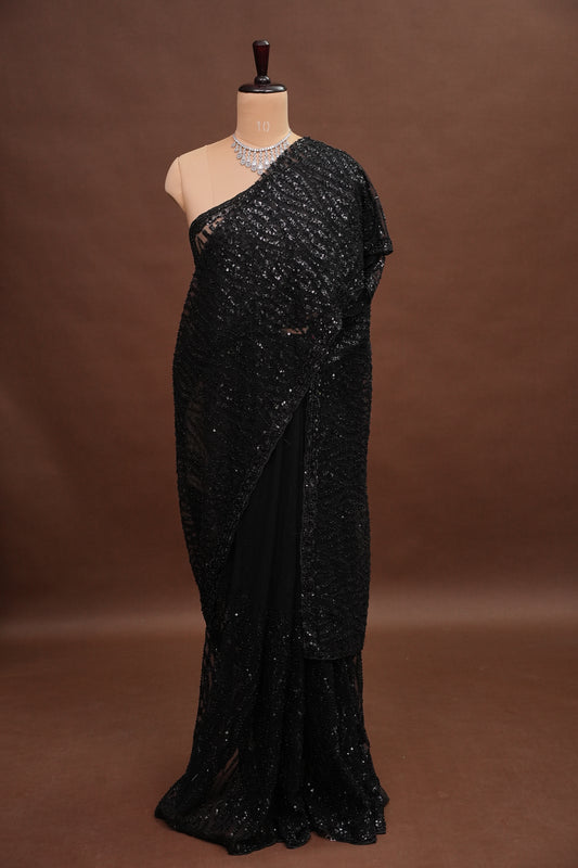 Party Wear Saree with Silver Bead & Sequin Embellishments - Black