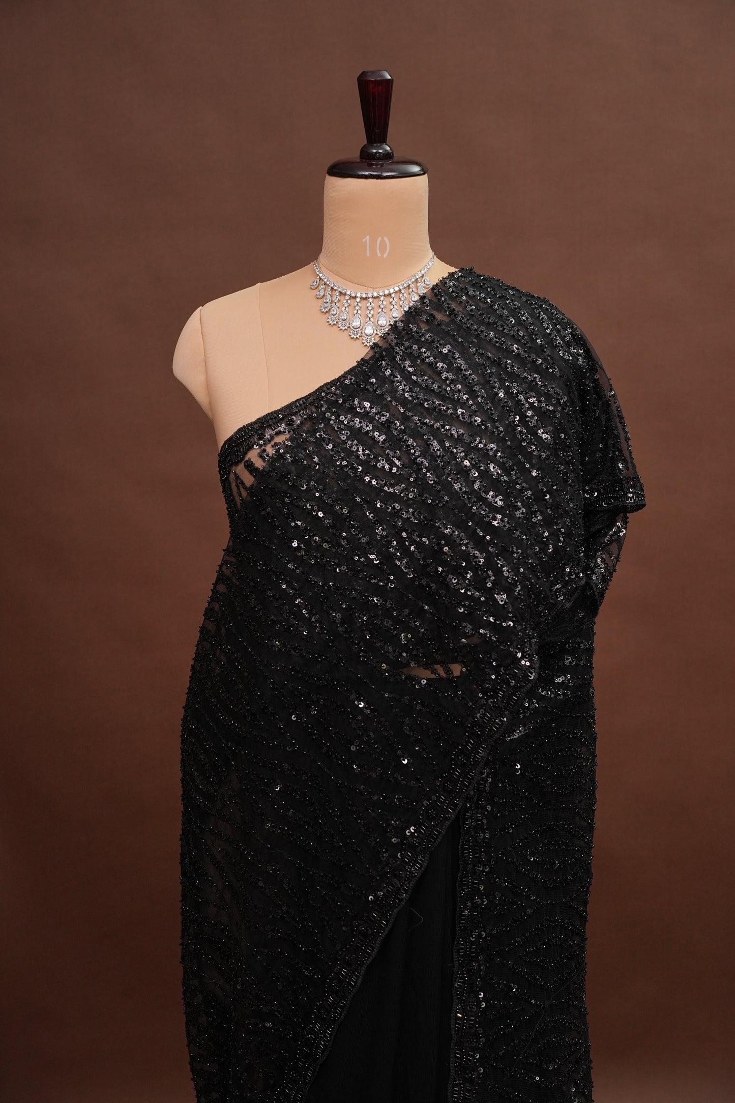 Party Wear Saree with Silver Bead & Sequin Embellishments - Black