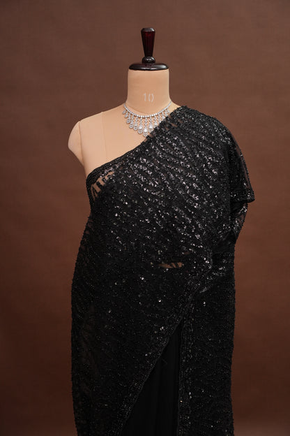 Party Wear Saree with Silver Bead & Sequin Embellishments - Black