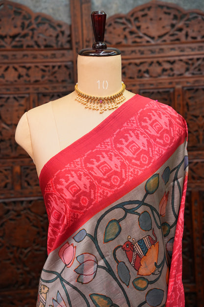 Tussar Saree with Kalamkari Body & Patola Border and Pallu – Grey & Red