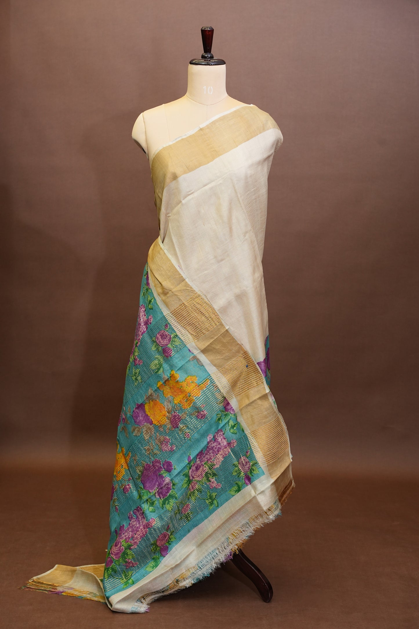 Floral Printed Pure Tussar Silk Saree-Half white|Silk Mark Certified