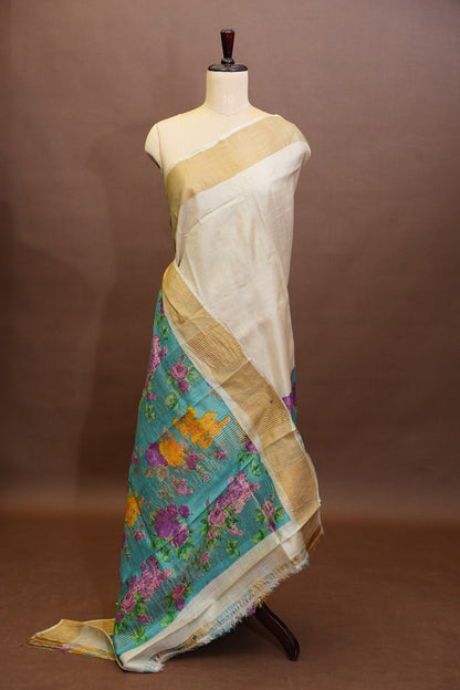 Floral Printed Pure Tussar Silk Saree-Half white|Silk Mark Certified