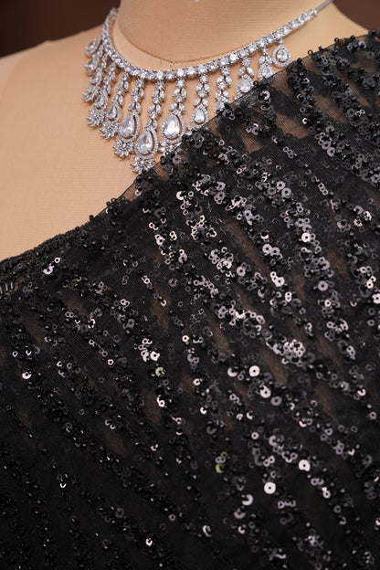 Party Wear Saree with Silver Bead & Sequin Embellishments - Black