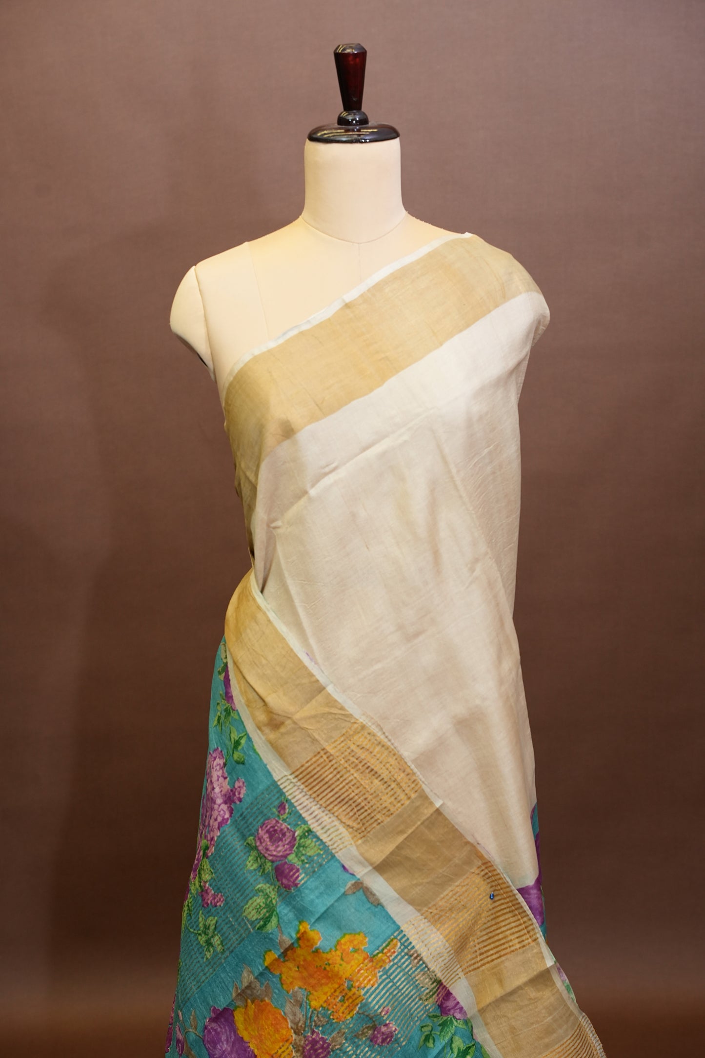 Floral Printed Pure Tussar Silk Saree-Half white|Silk Mark Certified
