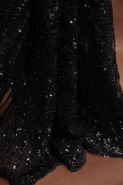 Party Wear Saree with Silver Bead & Sequin Embellishments - Black
