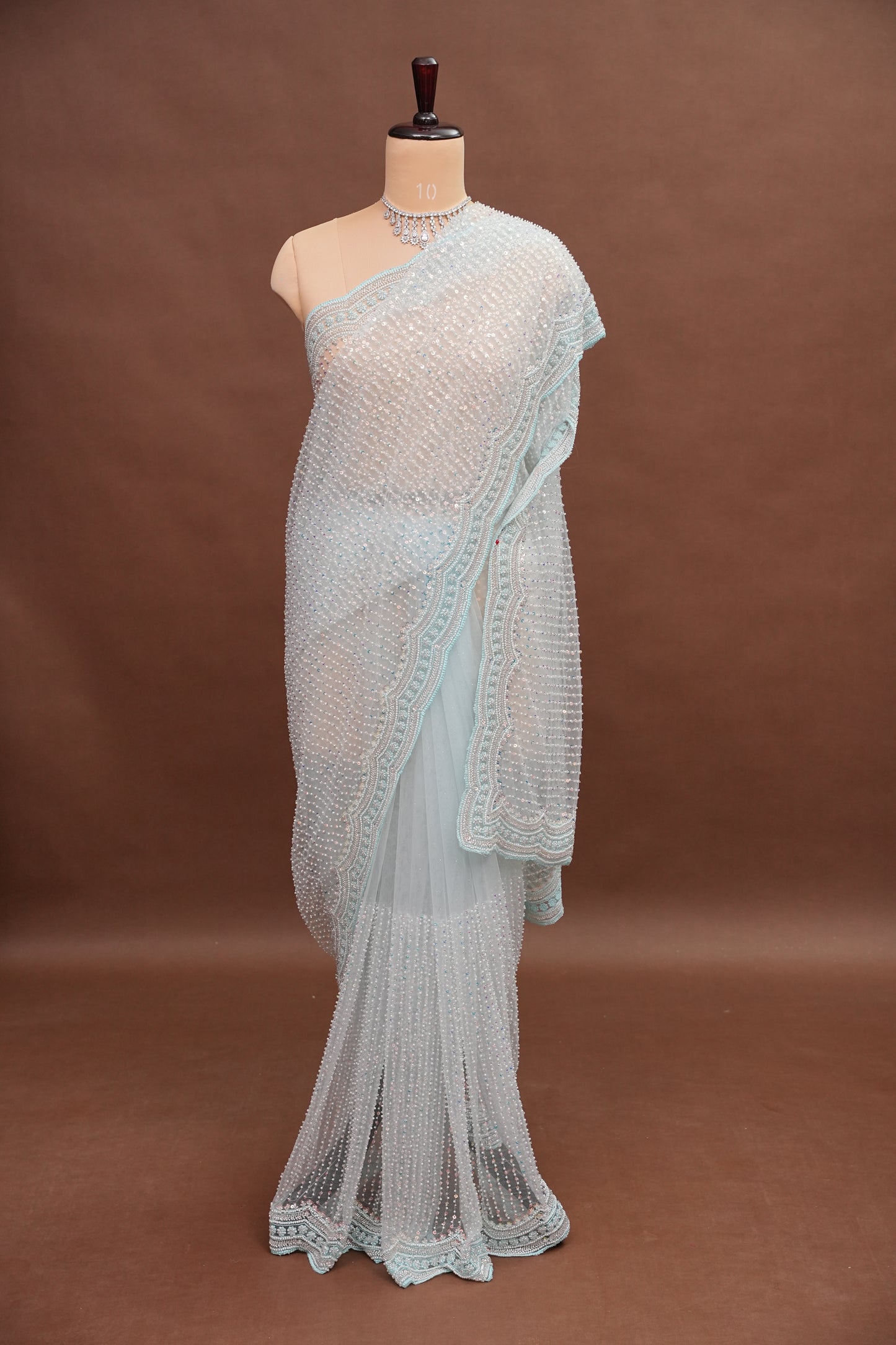 Party Wear Saree with All-Over Bead & Sequin Embellishments - Ice Blue