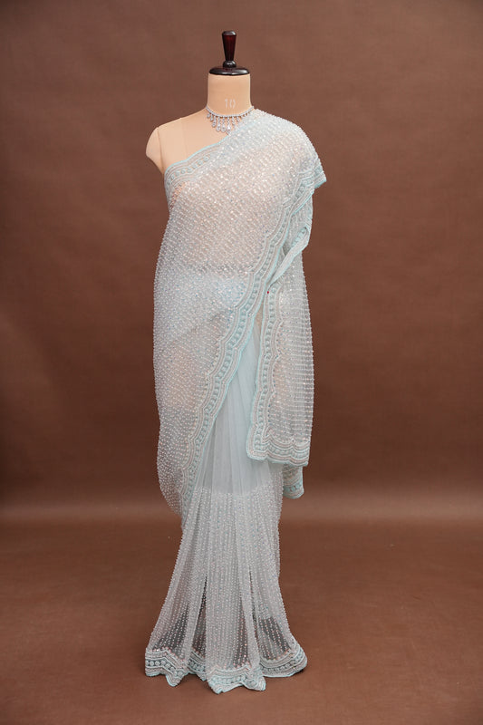 Party Wear Saree with All-Over Bead & Sequin Embellishments - Ice Blue