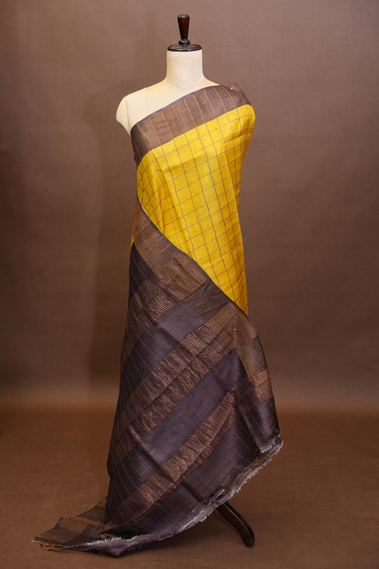Pure Tussar Silk Saree with Handpainted Blouse-Yellow