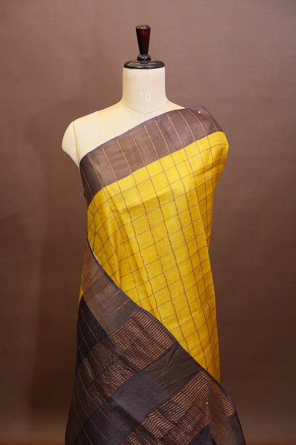 Pure Tussar Silk Saree with Handpainted Blouse-Yellow|Silk Mark Certified