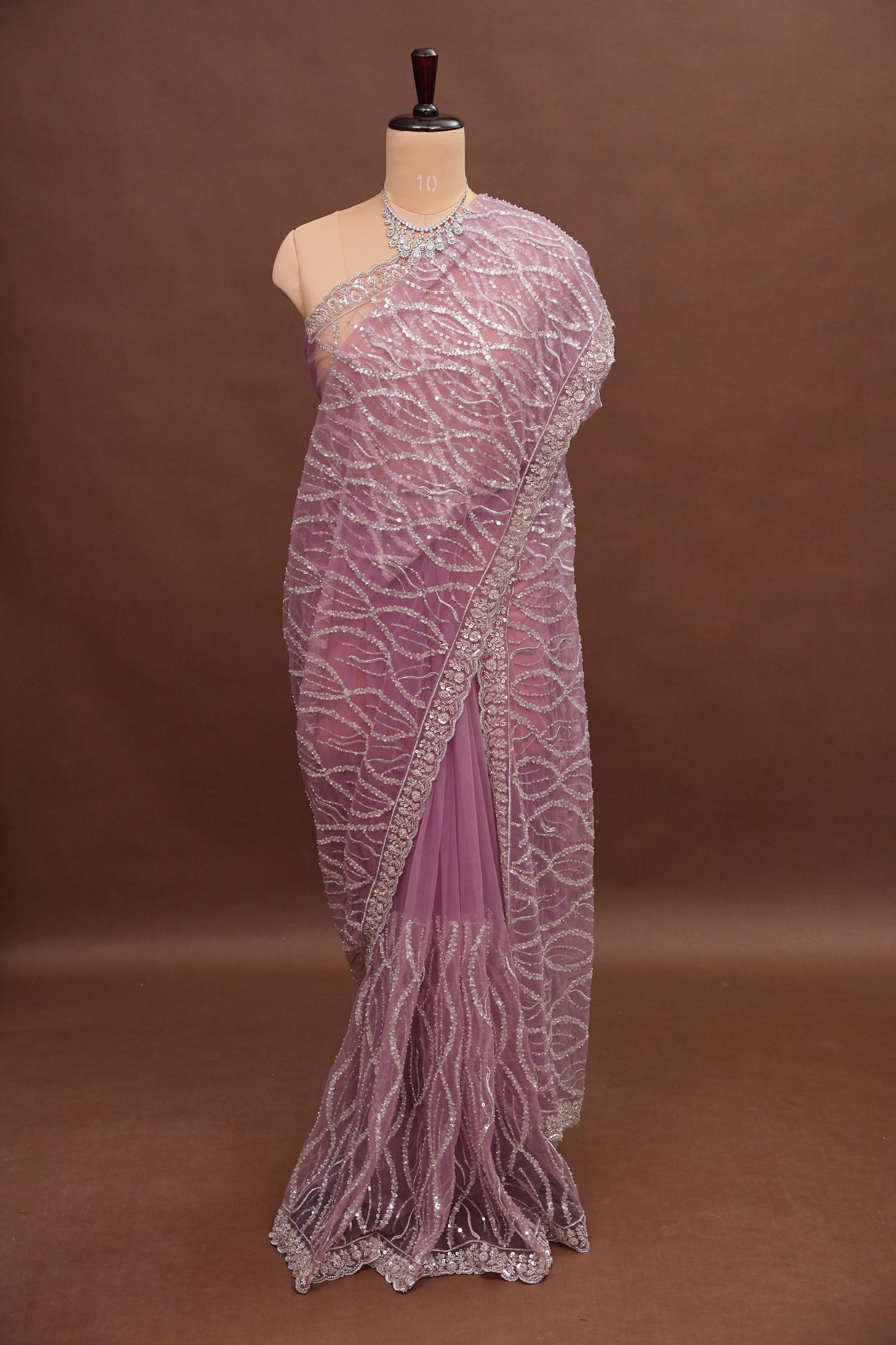 Party Wear Saree with Silver Bead & Sequin Embroidery - Blush Pink
