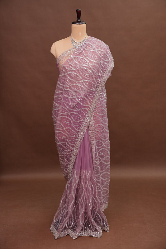 Party Wear Saree with Silver Bead & Sequin Embroidery - Blush Pink