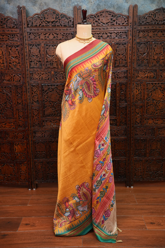 Tussar Saree with Kalamkari Body & Patola-Inspired Border and Pallu – Mustard & Teal Green
