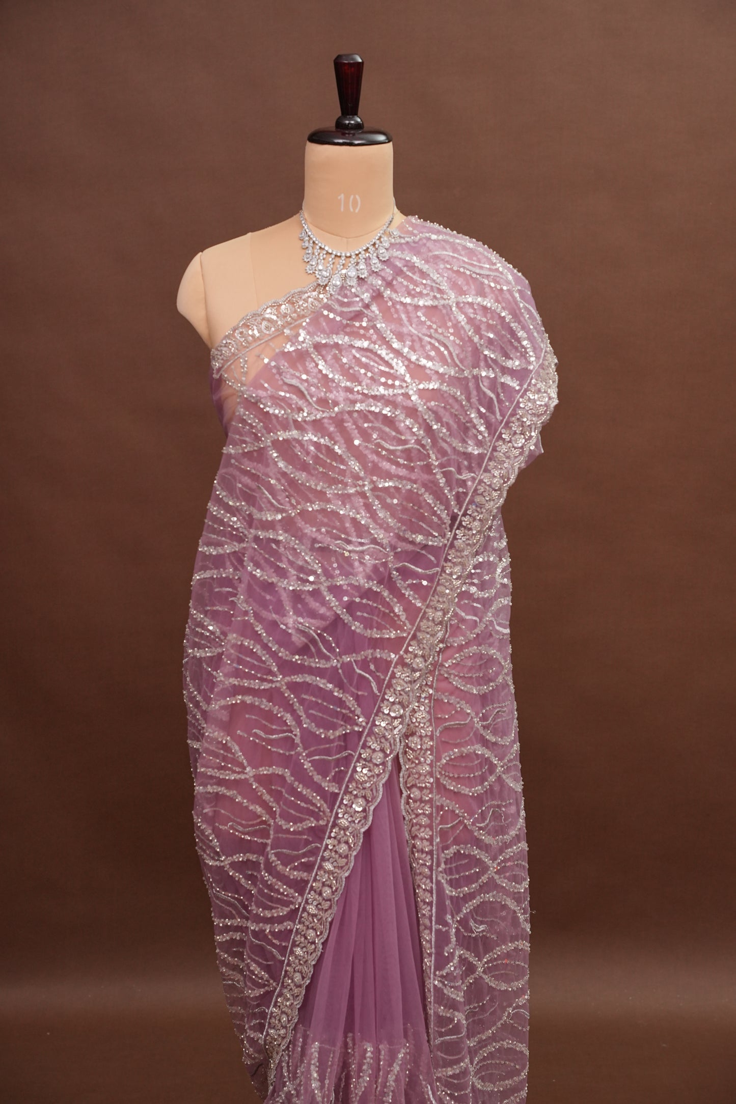 Party Wear Saree with Silver Bead & Sequin Embroidery - Blush Pink