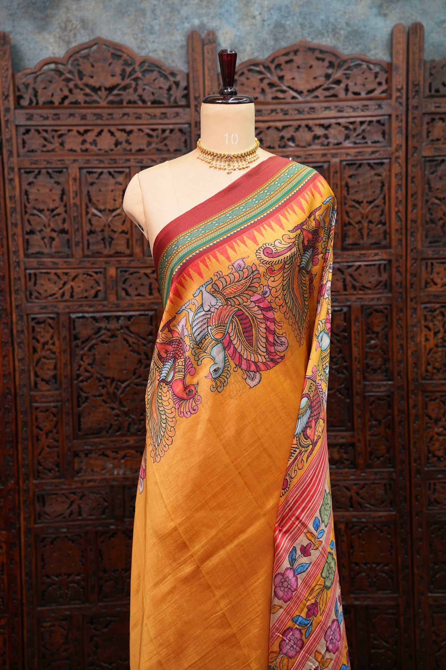 Tussar Saree with Kalamkari Body & Patola-Inspired Border and Pallu – Mustard & Teal Green