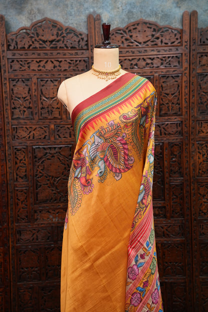 Tussar Saree with Kalamkari Body & Patola-Inspired Border and Pallu – Mustard & Teal Green