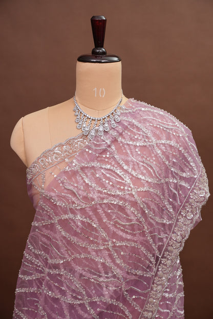 Party Wear Saree with Silver Bead & Sequin Embroidery - Blush Pink