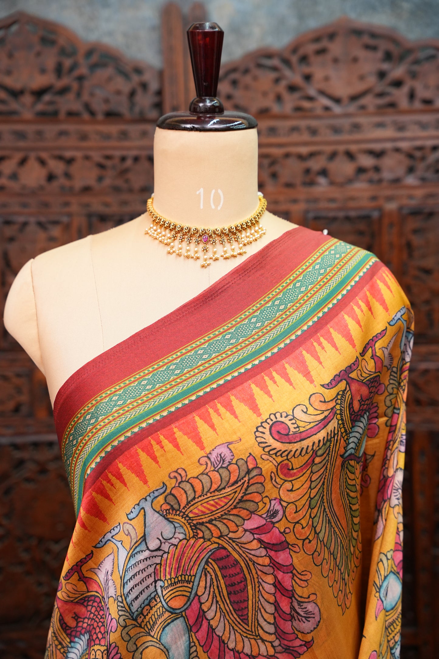 Tussar Saree with Kalamkari Body & Patola-Inspired Border and Pallu – Mustard & Teal Green