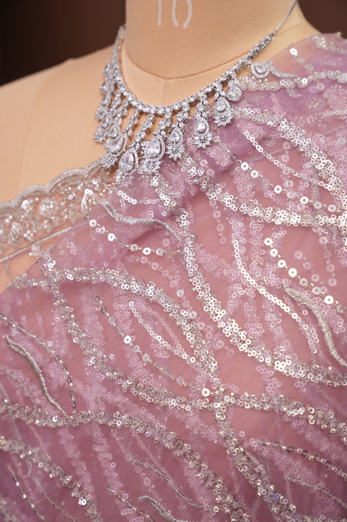 Party Wear Saree with Silver Bead & Sequin Embroidery - Blush Pink