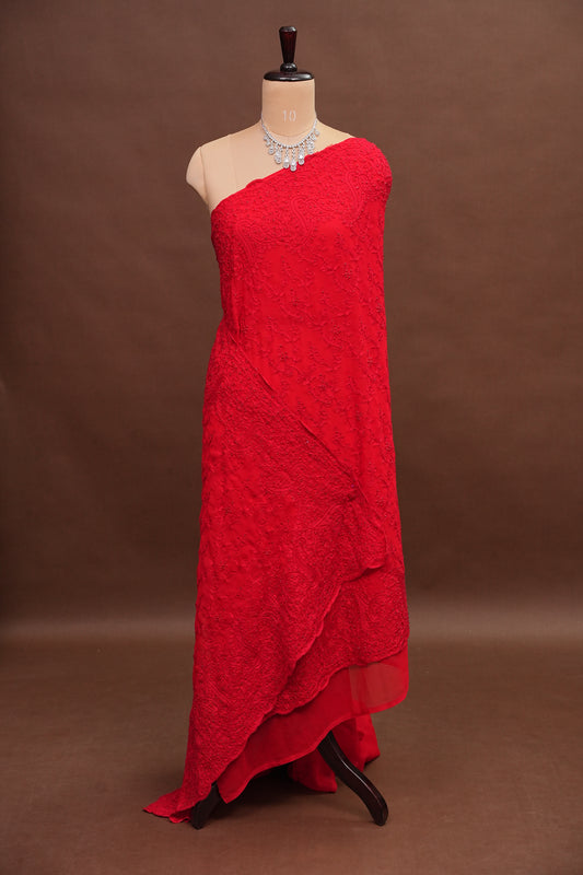 Party Wear Georgette Saree with Tone-on-Tone Embroidery - Scarlet Red