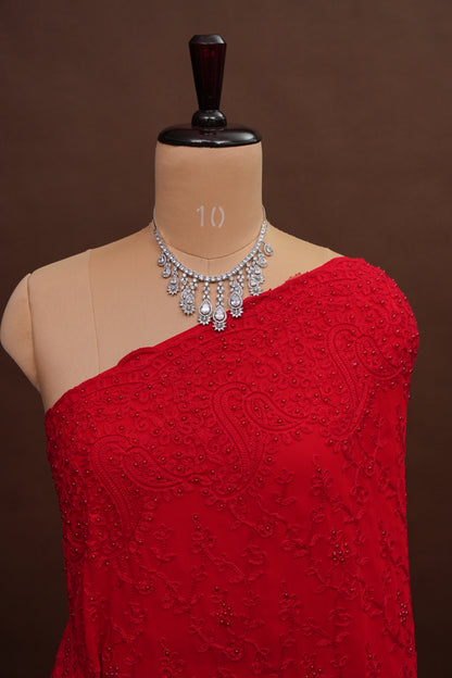 Party Wear Georgette Saree with Tone-on-Tone Embroidery - Scarlet Red