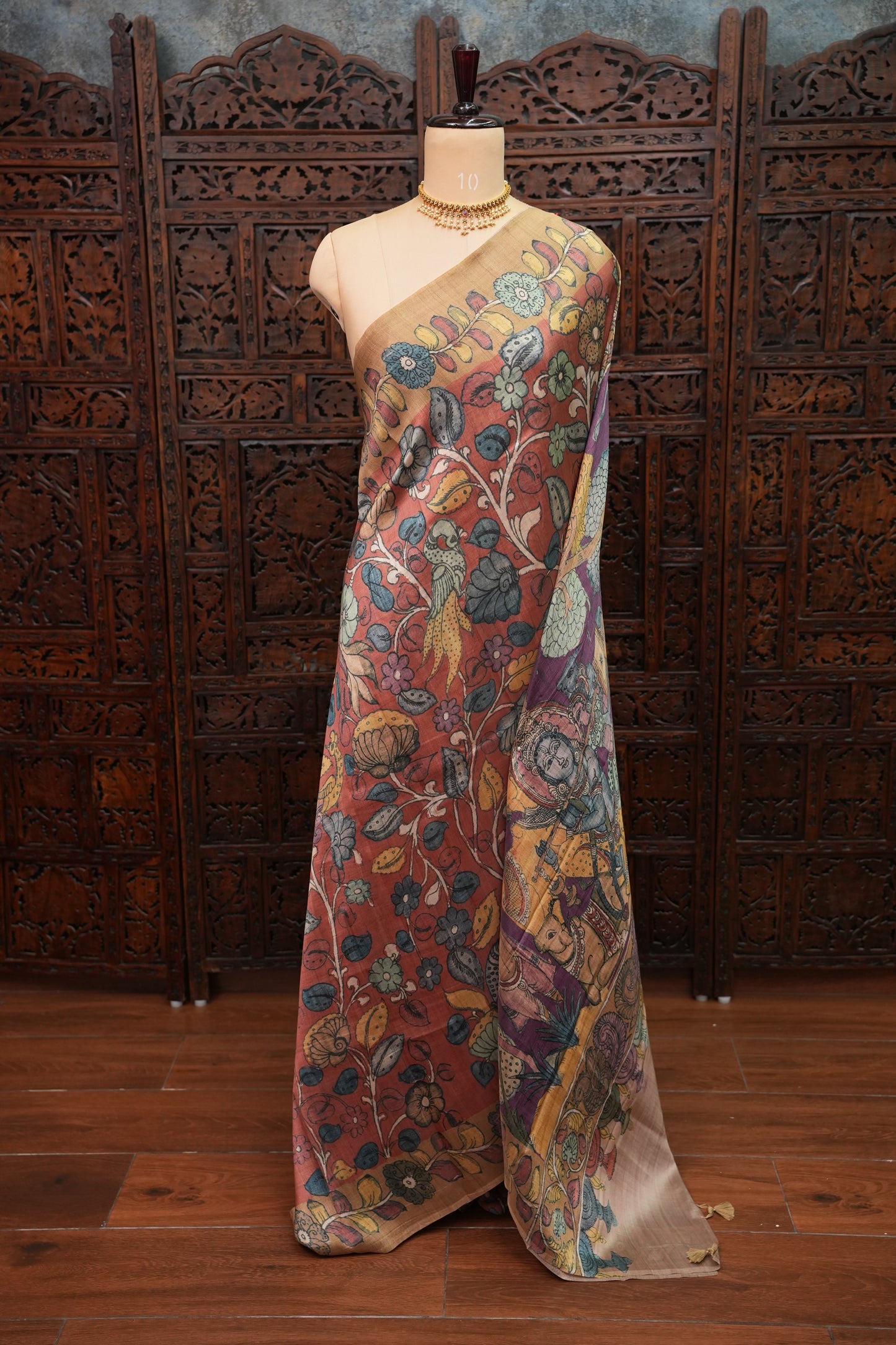 Tussar Saree with Kalamkari Body & Patola-Inspired Border and Pallu – Rust & Purple