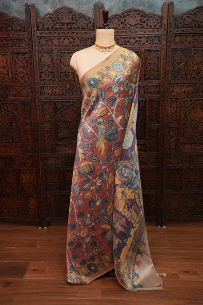 Tussar Saree with Kalamkari Body & Patola-Inspired Border and Pallu – Rust & Purple
