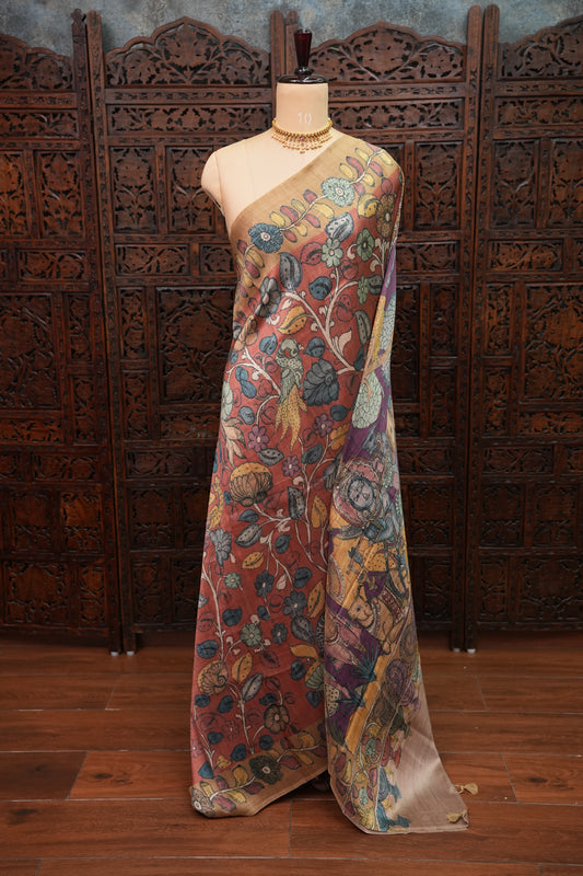 Tussar Saree with Kalamkari Body & Patola-Inspired Border and Pallu – Rust & Purple