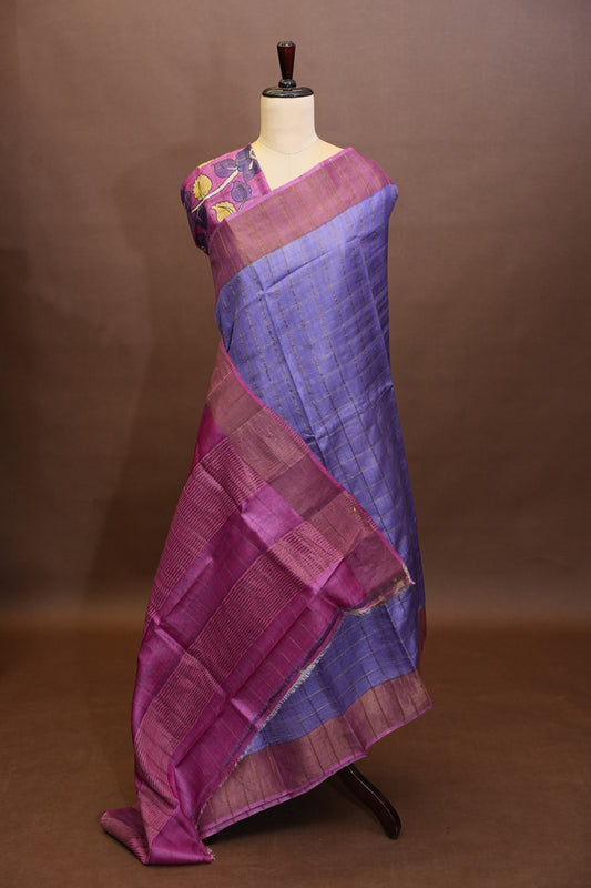 Pure Tussar Silk Saree with Handpainted Blouse-Purple