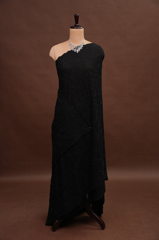 Party Wear Georgette Saree with Self-Tone Embroidery - Black