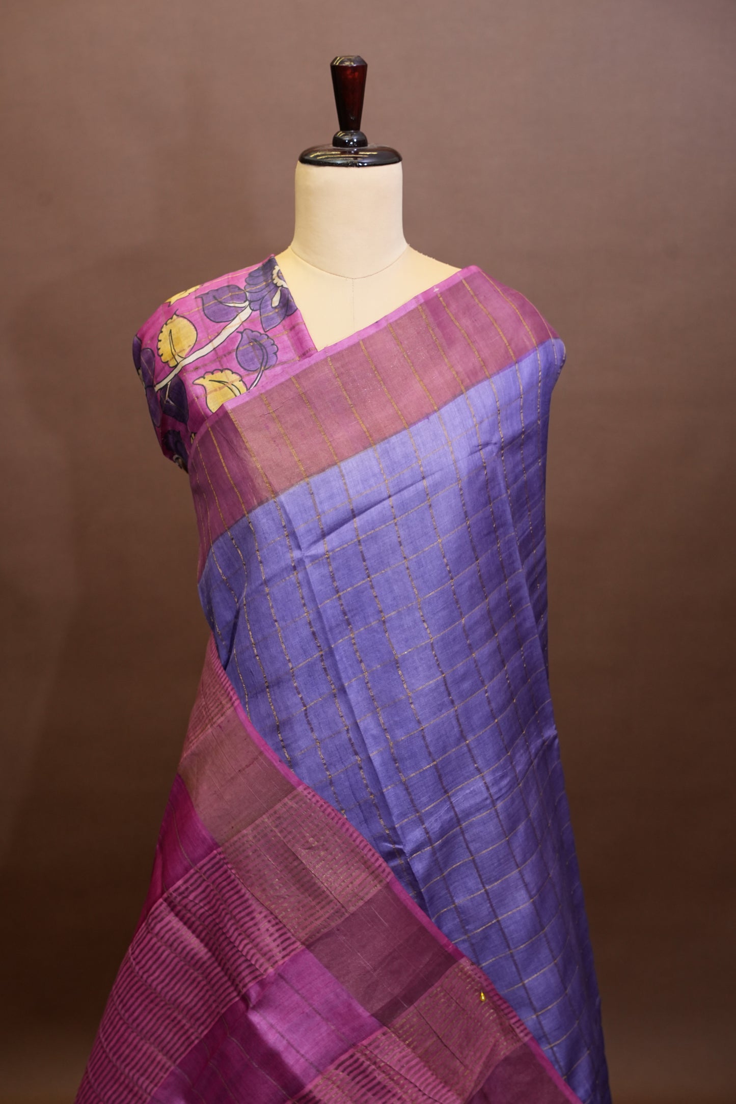 Pure Tussar Silk Saree with Handpainted Blouse-Purple|Silk Mark Certified
