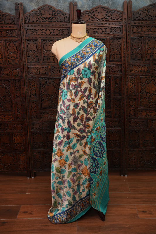 Tussar Saree with Kalamkari Body & Patola-Inspired Border and Pallu – Beige & Turquoise Blue