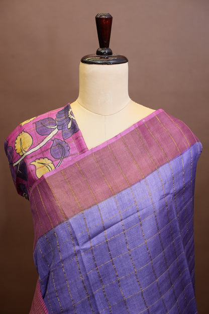 Pure Tussar Silk Saree with Handpainted Blouse-Purple|Silk Mark Certified