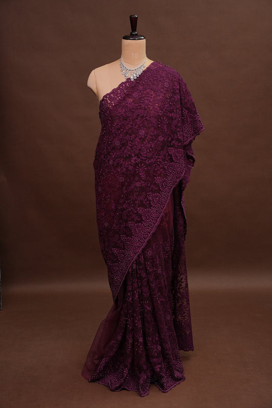 Party Wear Net Saree with Self-Tone Floral Embroidery - Deep Wine