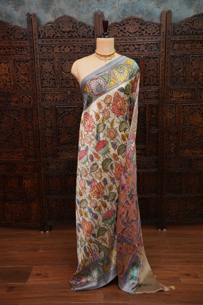 Tussar Saree with Kalamkari Body & Patola-Inspired Border and Pallu – Ivory, Peach & Grey
