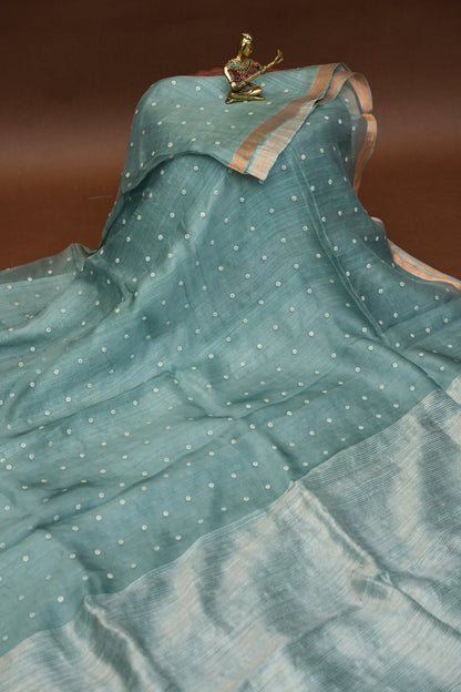 Muted Sea Green Pure Muslin Matka Silk Saree|Silk Mark Certified