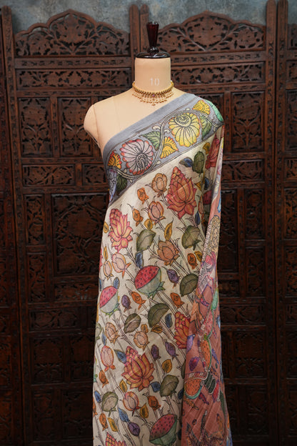 Tussar Saree with Kalamkari Body & Patola-Inspired Border and Pallu – Ivory, Peach & Grey
