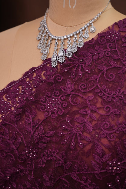 Party Wear Net Saree with Self-Tone Floral Embroidery - Deep Wine