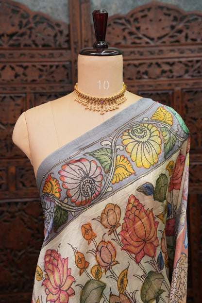 Tussar Saree with Kalamkari Body & Patola-Inspired Border and Pallu – Ivory, Peach & Grey
