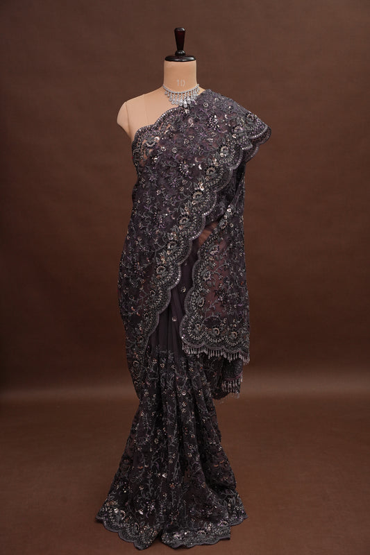 Party Wear Net Saree with Multi-Tone Sequin Embroidery - Purple Grey