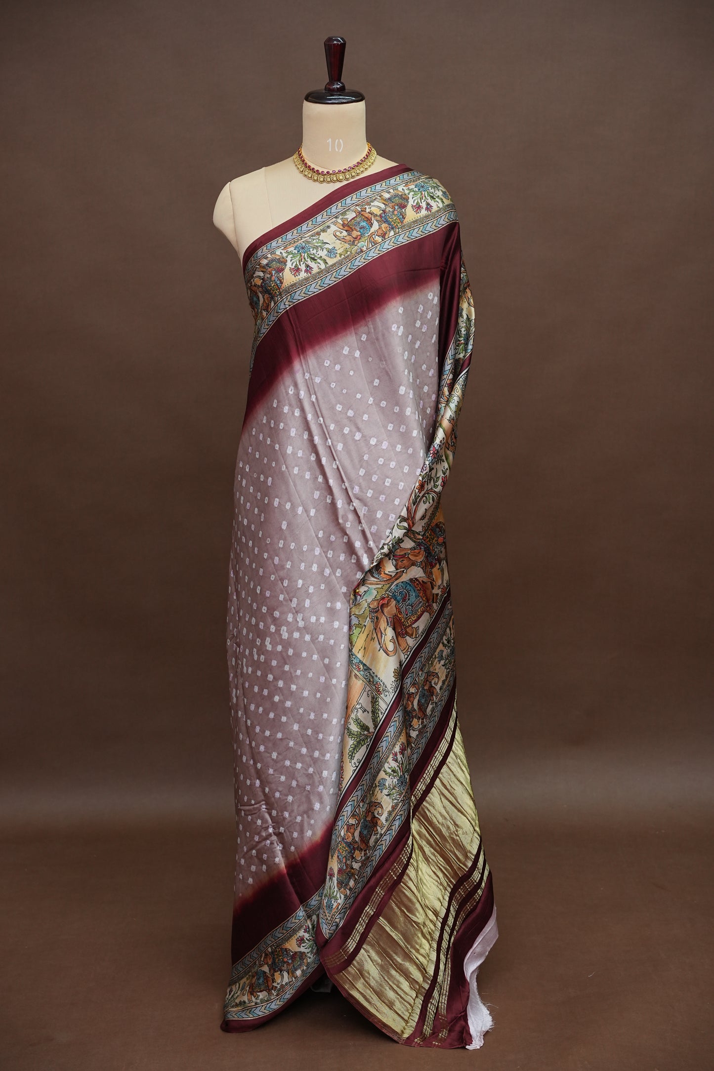 Pure Gajji Silk Saree in Nude with Bandhej Pallu & Royal Elephant Digital Print