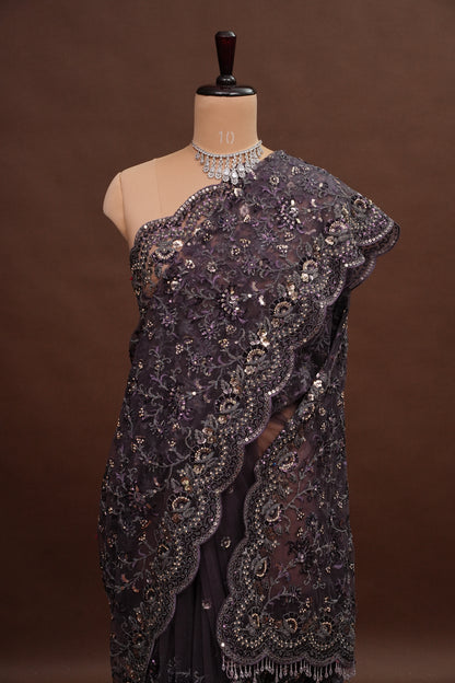 Party Wear Net Saree with Multi-Tone Sequin Embroidery - Purple Grey