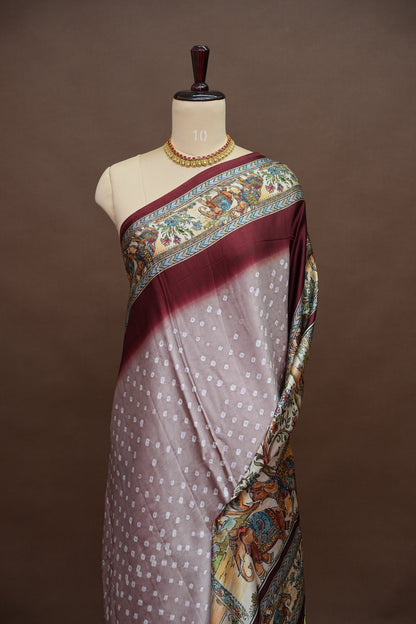 Pure Gajji Silk Saree in Nude with Bandhej Pallu & Royal Elephant Digital Print