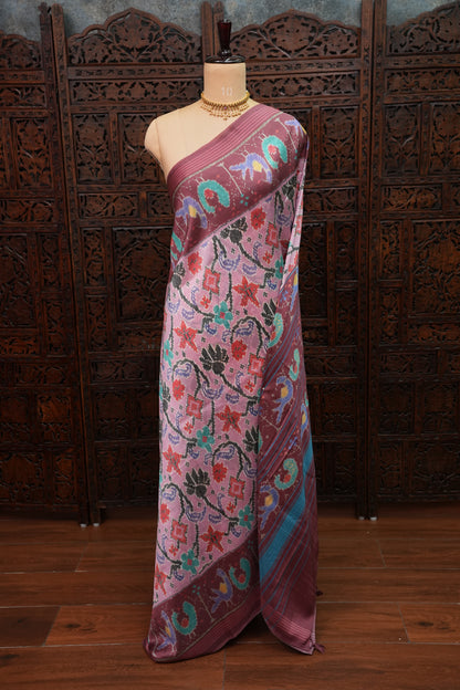 Tussar Saree with Kalamkari Body & Patola-Inspired Border and Pallu – Dusty Rose & Maroon