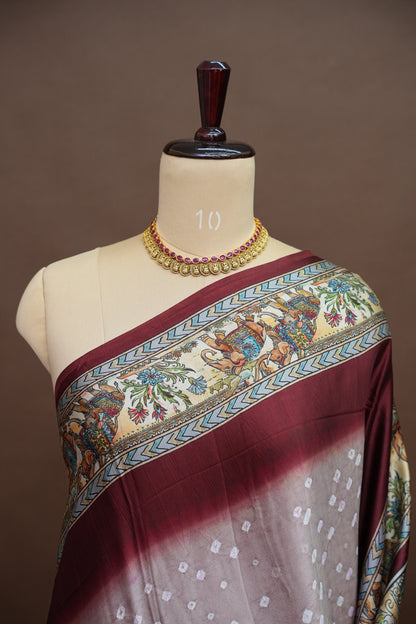 Pure Gajji Silk Saree in Nude with Bandhej Pallu & Royal Elephant Digital Print