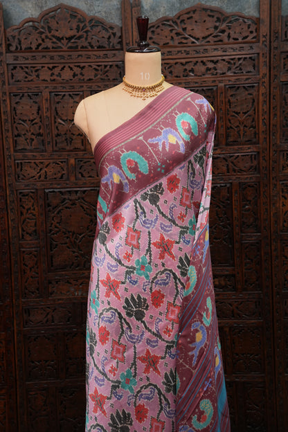 Tussar Saree with Kalamkari Body & Patola-Inspired Border and Pallu – Dusty Rose & Maroon