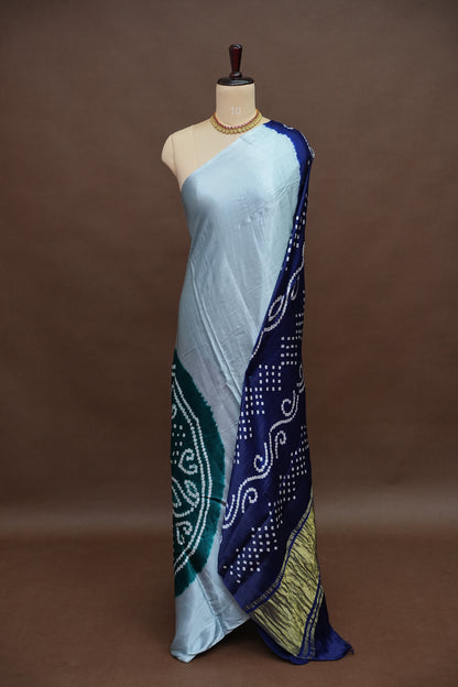 Pure Gajji Silk Saree in Powder Blue with Bandhej Pallu & Bandhani Digital Print