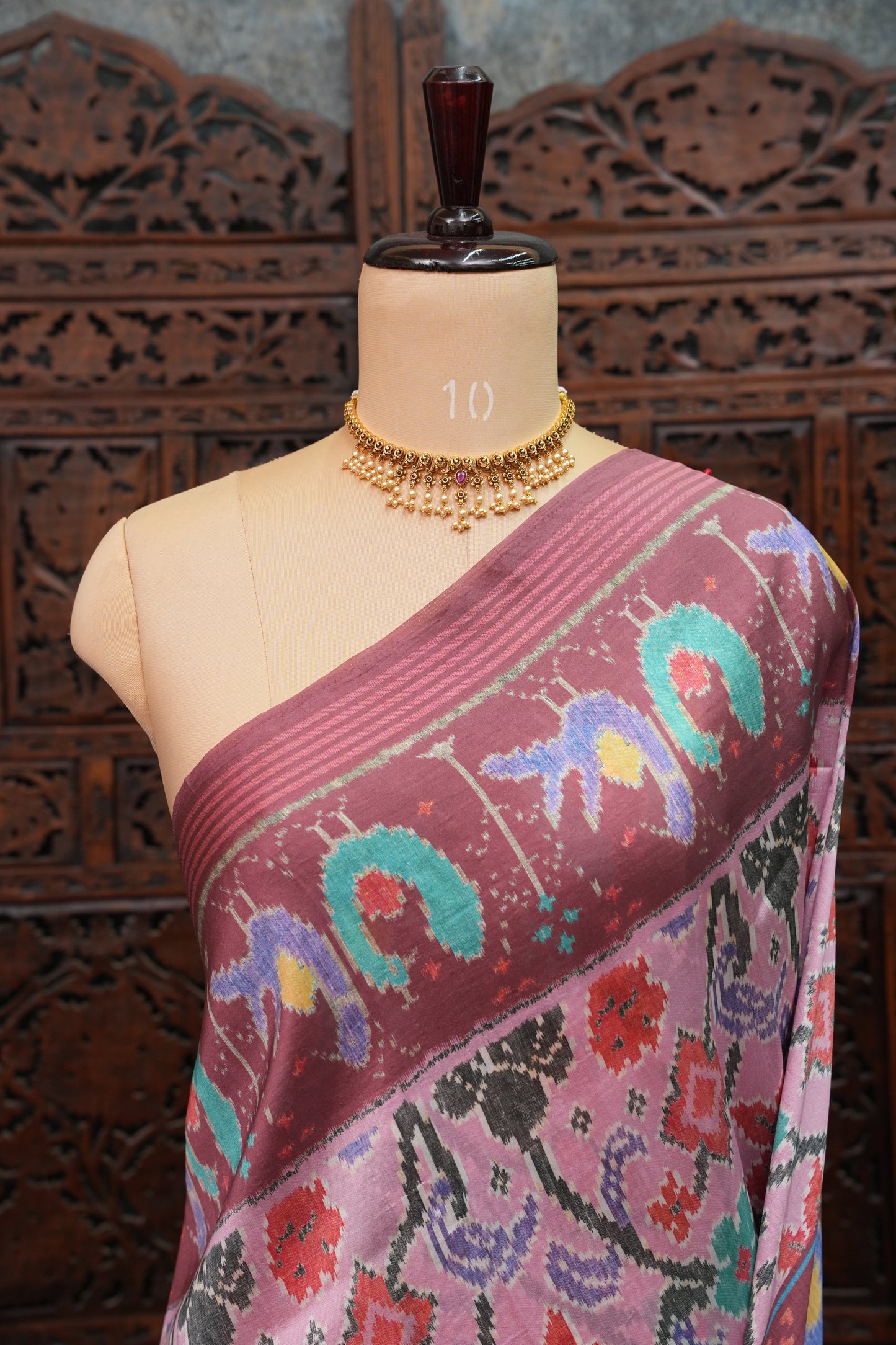 Tussar Saree with Kalamkari Body & Patola-Inspired Border and Pallu – Dusty Rose & Maroon
