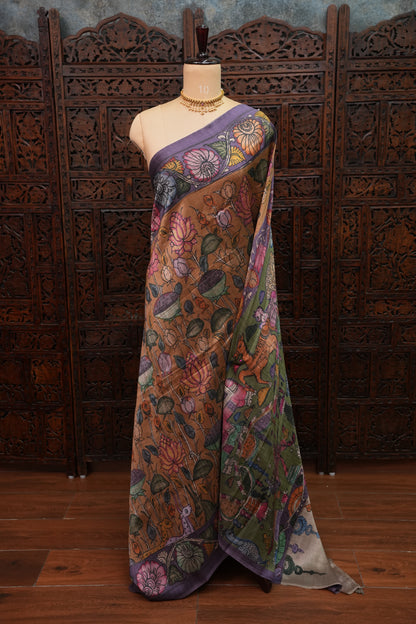 Tussar Saree with Kalamkari Body & Patola-Inspired Border and Pallu – Rust, Olive Green & Purple