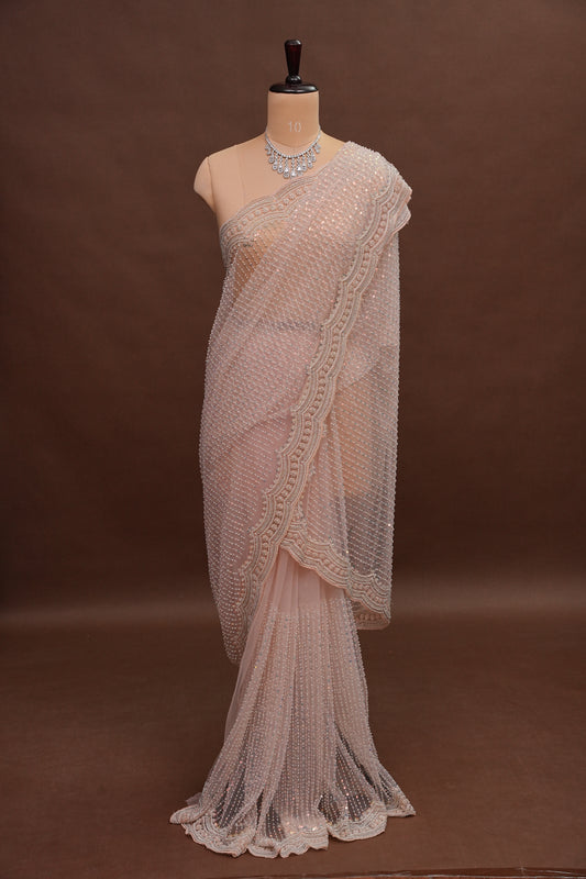 Party Wear Saree with All-Over Bead & Sequin Embellishments - Blush Nude