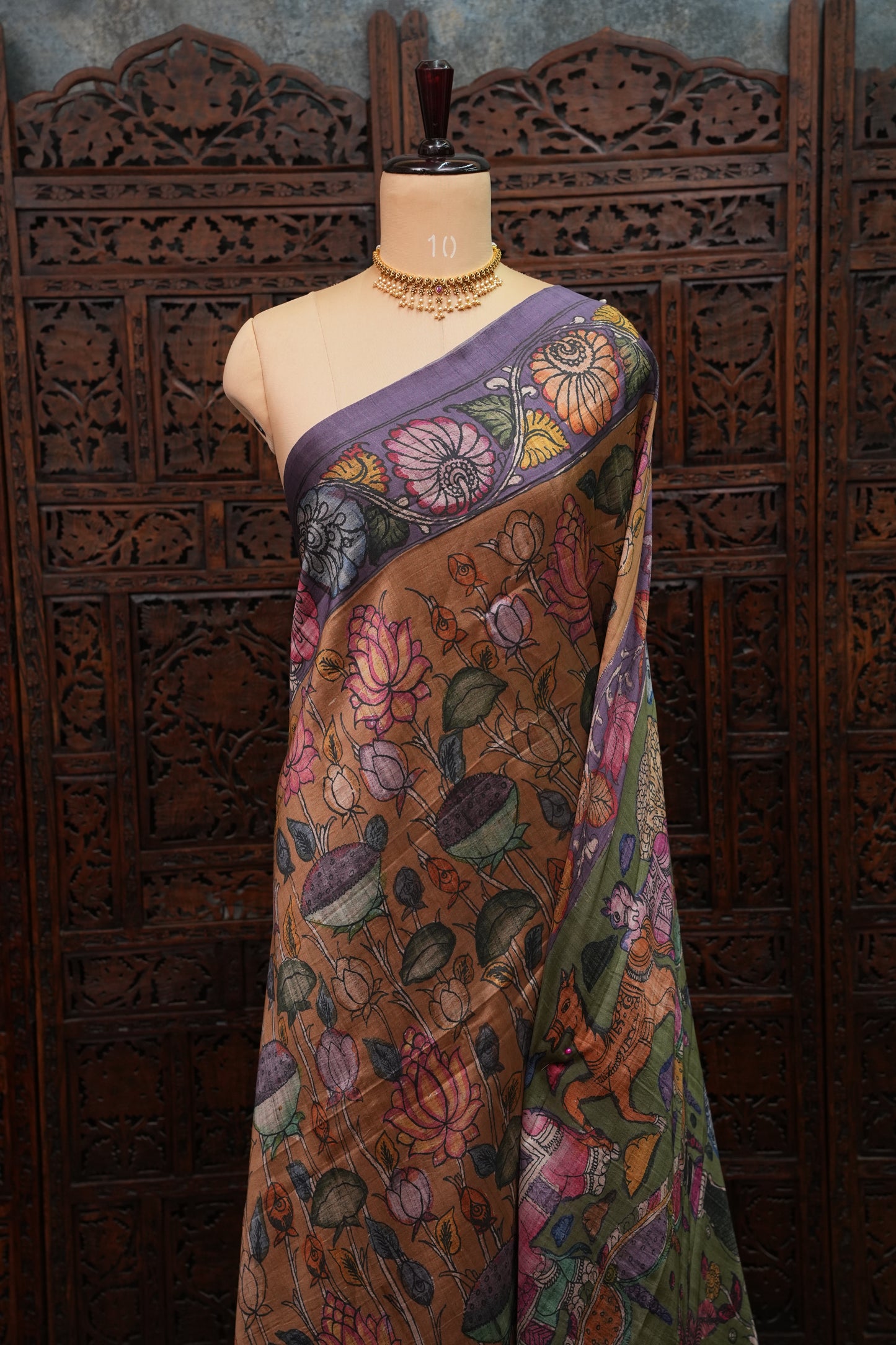 Tussar Saree with Kalamkari Body & Patola-Inspired Border and Pallu – Rust, Olive Green & Purple